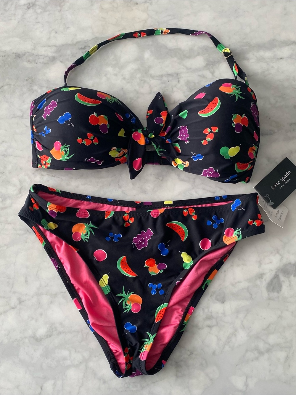 2-Pc KATE SPADE Bright Fruit Black Bandeau With Strap Bikini Swimsuit NWT Large